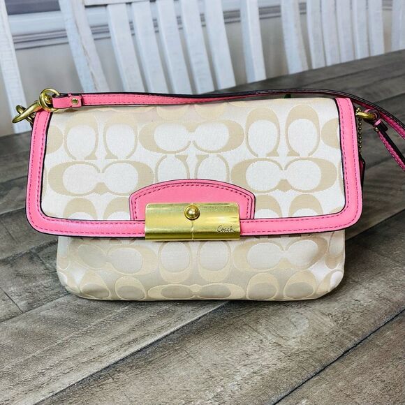 Coach Wristlet Handbag S Kristin Beige Signature Canvas Pink Leather Trim - Picture 1 of 9